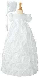 Poly Taffeta with a satin ribbon, includes matching hat and separate slip.  One example of the many choices from this fine store. 

$132
Size 3,6,12,18,24 months.  Contact us to order or to see other styles. 