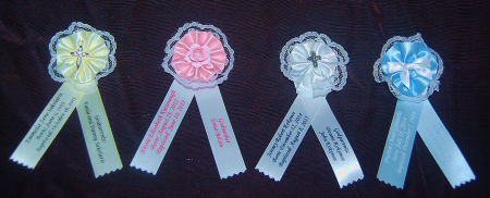 Many of us remember these witness pins from our past.  We can customize the center pouf and personalize the ribbons.  Surprise your guest with these very unique pins.  
Email us for pricing.  twogreekwomen@gmail.com 