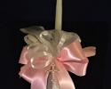 Pink and white ribbons adorned by a gold and pearl cross.  Matching accessory candles available. 

$45.00 24 inch candle
$95.00 32 inch lambada
$18.00 15 inch accessory child candle 