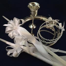 White or Ivory
2 - 24 inch wedding candles for Bridge and Groom
14 inch diameter nickel plated wedding tray
Double wrap pearl Stefana
Marital Common Cup

Price:  $255
Without Cup:  $215