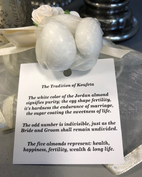 Personalized Cards:  Bride & Groom name and date on front and explanation of the meaning of the 5 Jordan almonds.  Add to any party favor.  Call for details.  