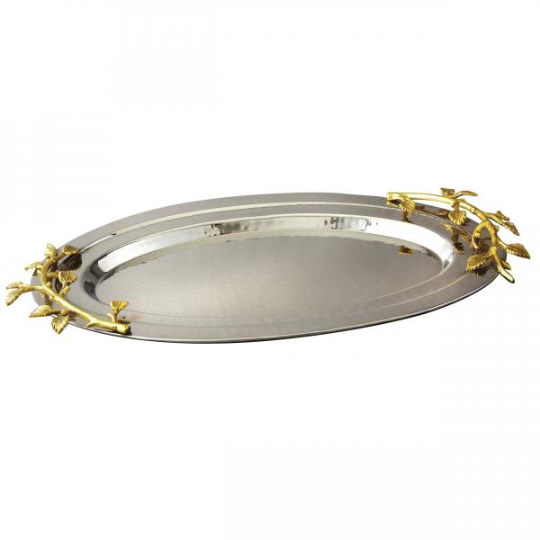 Unique Altar tray for Greek Orthodox wedding service. Hammered silver plate with gold leaf handles.  
Approximately 18 by 10 inches.  

NOT IN STOCK