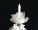 This 32 inch candle is beautifully decorated with silk and tulle liner.  Satin ribbons and rhinestone brooch add beautiful accents.  