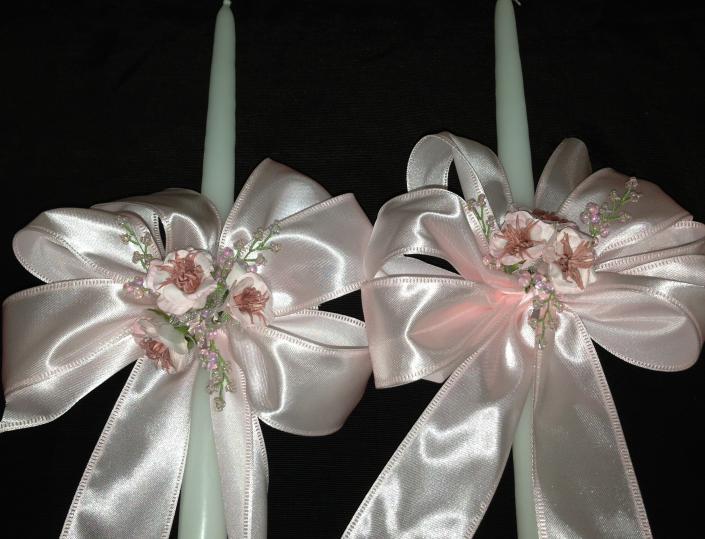 18 inch Candles decorated to match the large baptismal candle.  Pink silk with dried roses.  