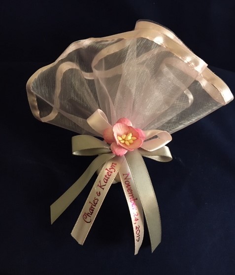 This boubouniere was designed for a wedding.  The colors work for a wedding and baptism.  Personalization makes it extra special.  

Pink 10 inch tulle, 5 white Jordan almonds, cherry blossom flower, grey ribbon. Personalization is bright pink on pink. 

$3.75 each with personalization.  