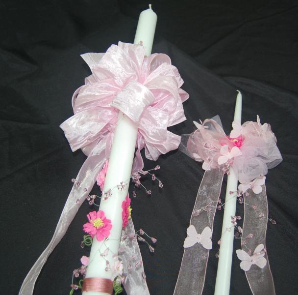 How beautiful!!!  Adorned with flowers, silk ribbons and satin roping.  $125 for 32 inch candle.  $30 for 24 inch witness candle. 