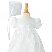 Poly Taffeta with a satin ribbon, includes matching hat and separate slip.  One example of the many choices from this fine store. 

$132
Size 3,6,12,18,24 months.  Contact us to order or to see other styles. 