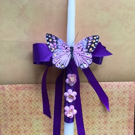 White 18 inch candle with purple satin ribbon and dainty butterfly.  Pink flowers on satin wrap. 

$20.00 

Due to the delicate nature of candles we pack them carefully. Shipping cost is $12.95